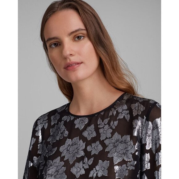 NWT Club Monaco black & silver metallic fibre burnout floral print sheer blouse - Picture 2 of 16